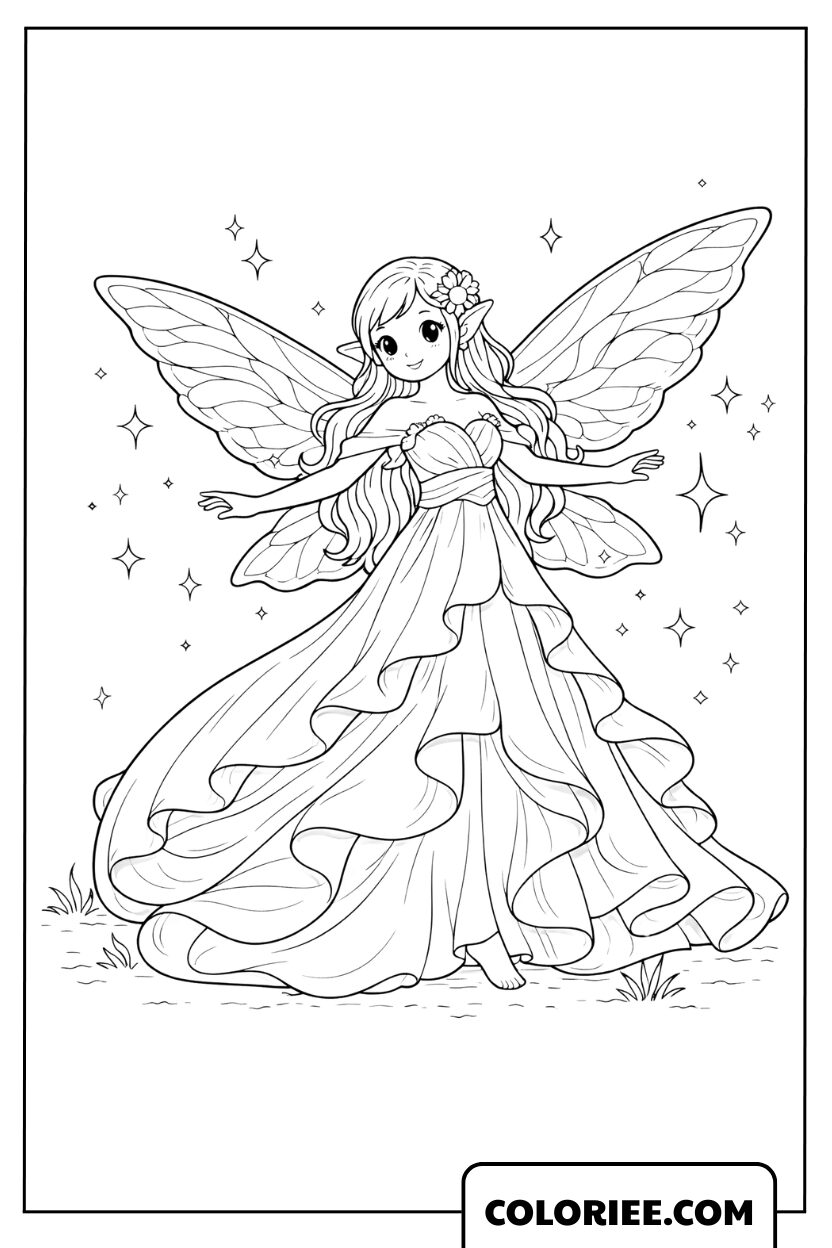 Coloriage fée à la robe scintillante