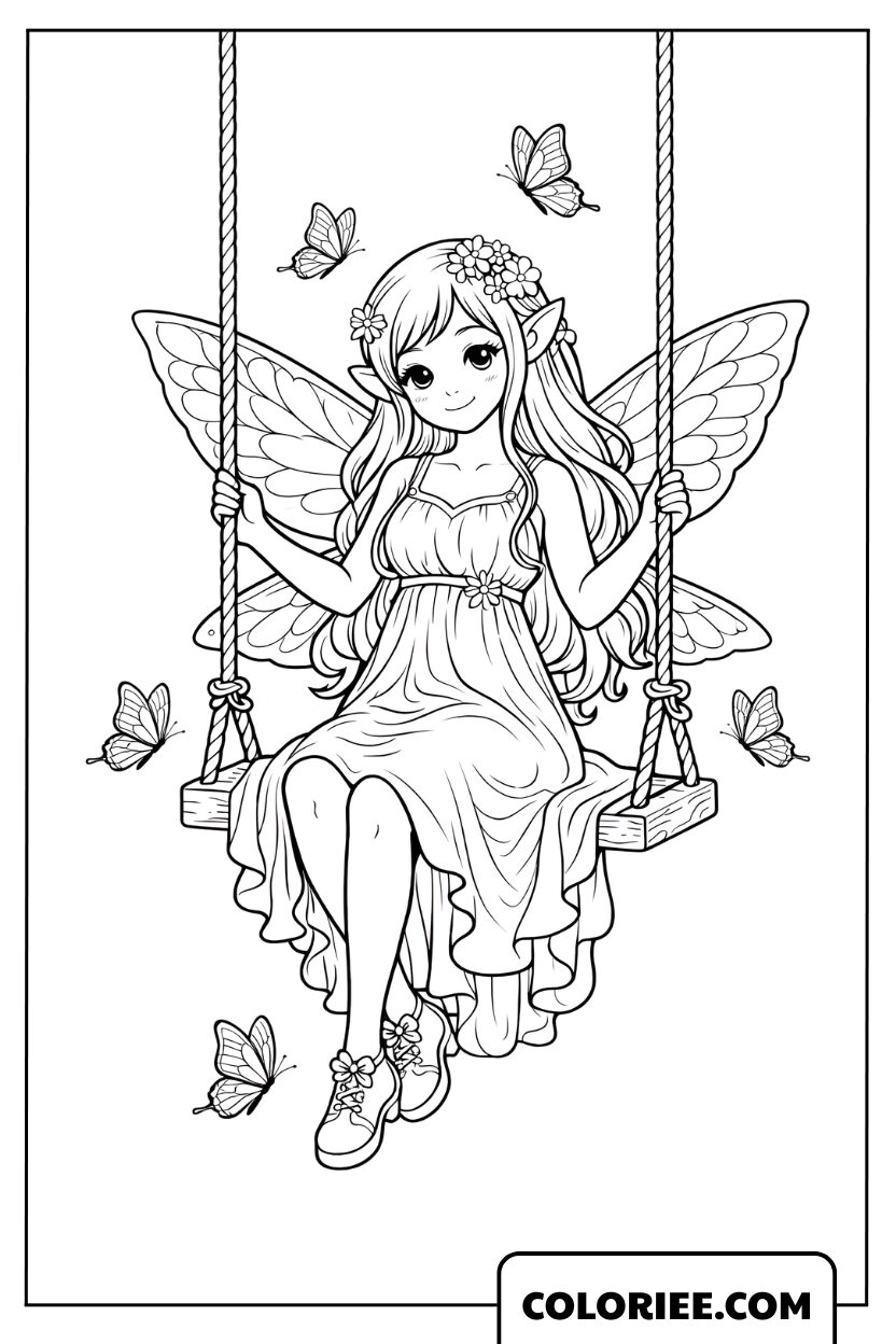 Coloriage fée sur la balançoire enchantée
