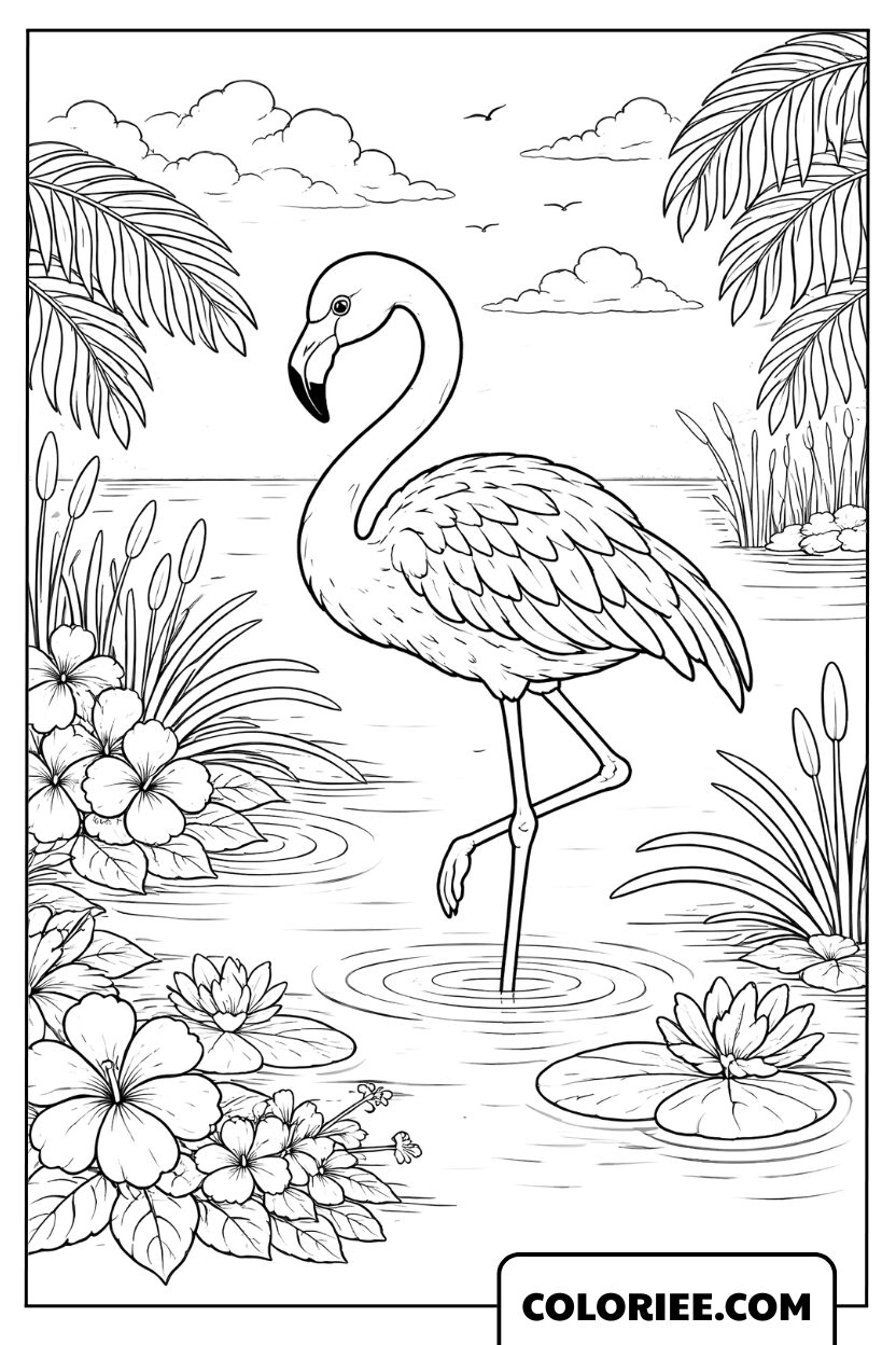 Coloriage flamant rose au bord du nénuphar
