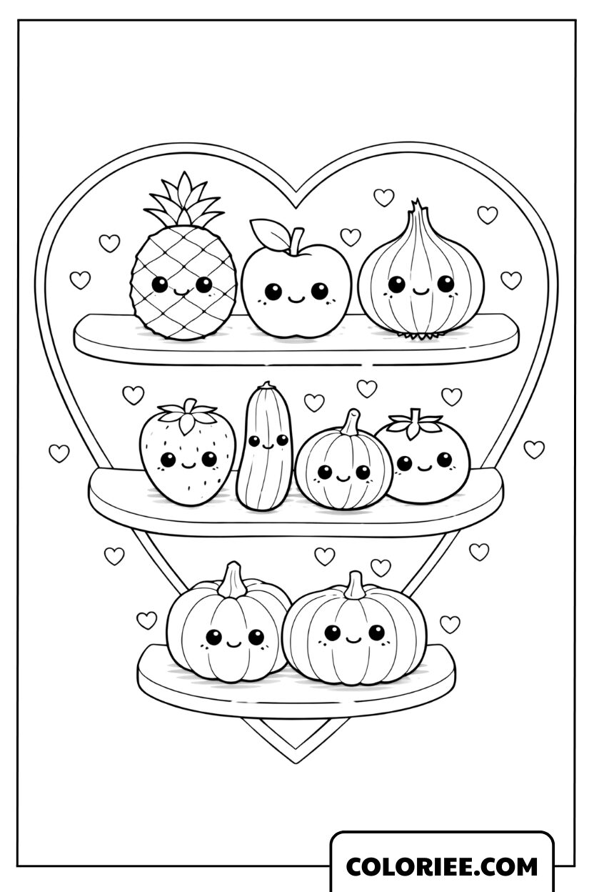 Coloriage fruits mignons sur l'étagère cœur