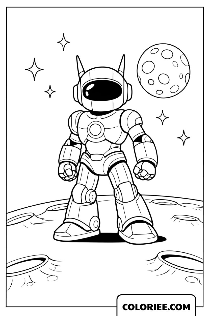 Coloriage garçon astronaute robot sur la lune