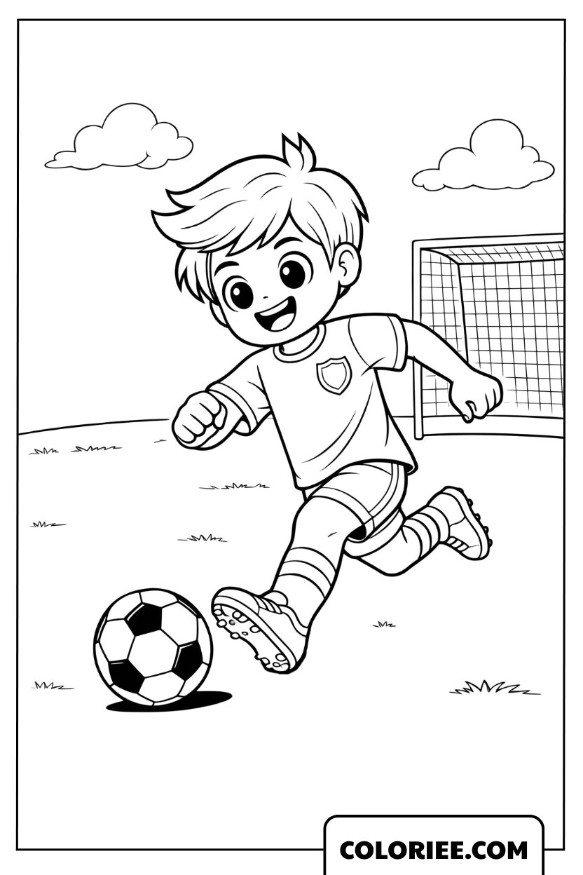 Coloriage garçon jouant au football
