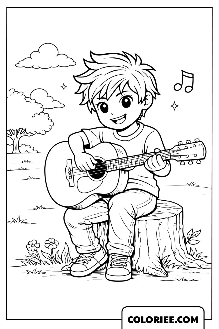 Coloriage garçon musicien jouant de la guitare