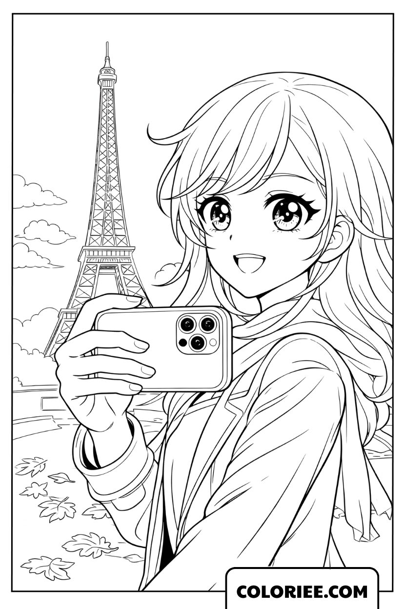 Coloriage jeune fille avec iPhone à Paris