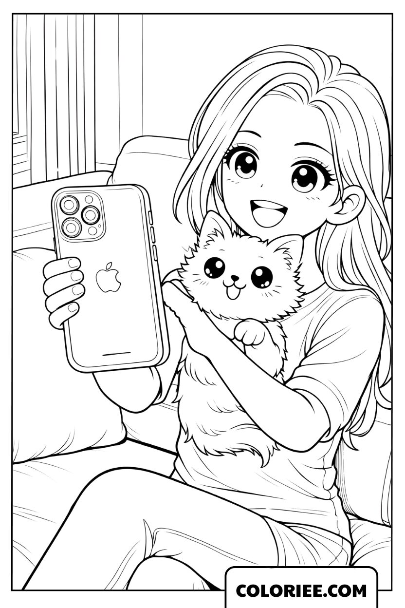 Coloriage jeune fille et chat en selfie