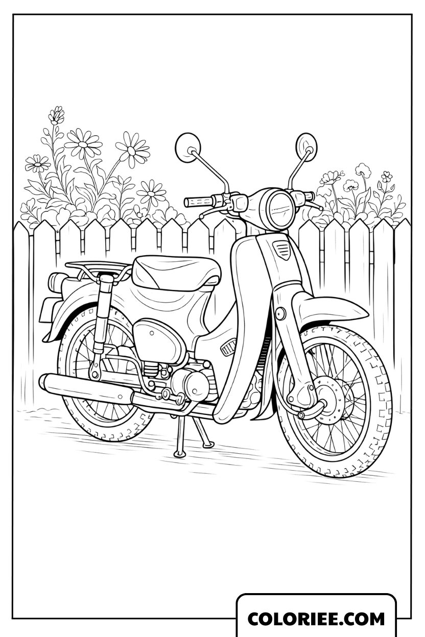 Coloriage moto classique dans le jardin