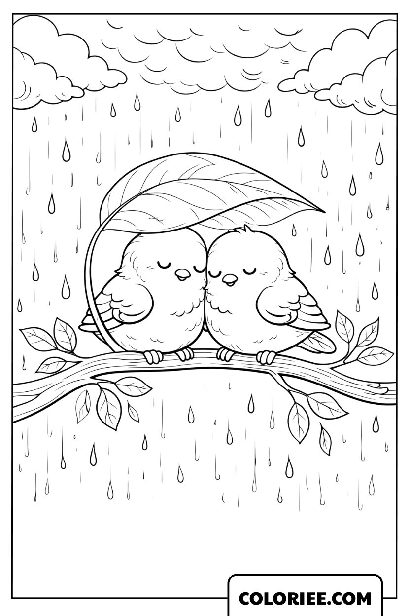 Coloriage oiseaux à l'abri sous une feuille