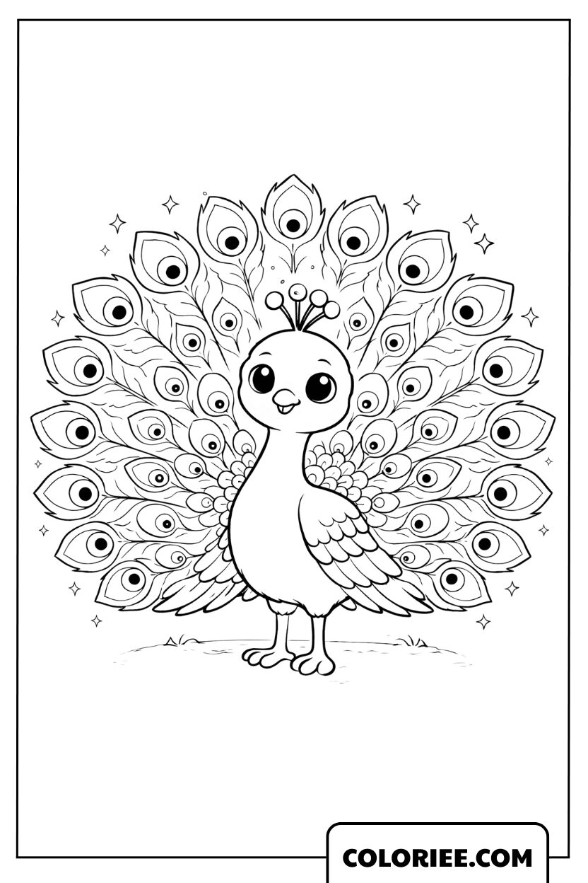 Coloriage paon déployant ses plumes