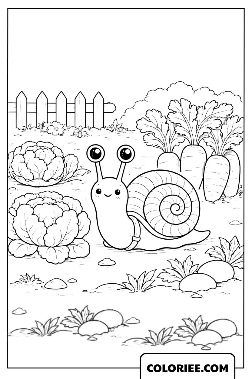 Coloriage petit escargot dans le potager