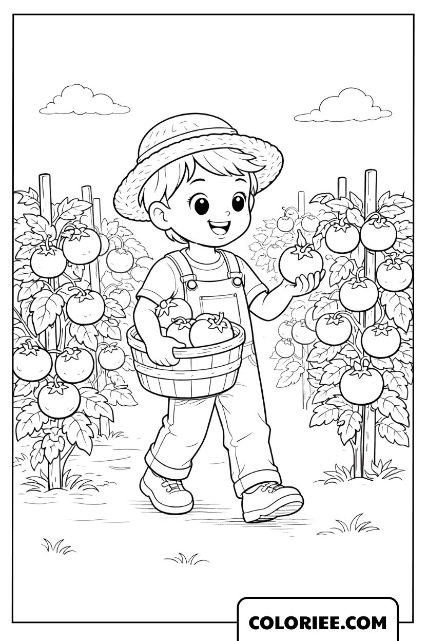 Coloriage petit jardinier cueillant des tomates