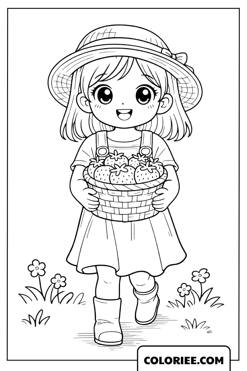 Coloriage petite fille récoltant des fraises