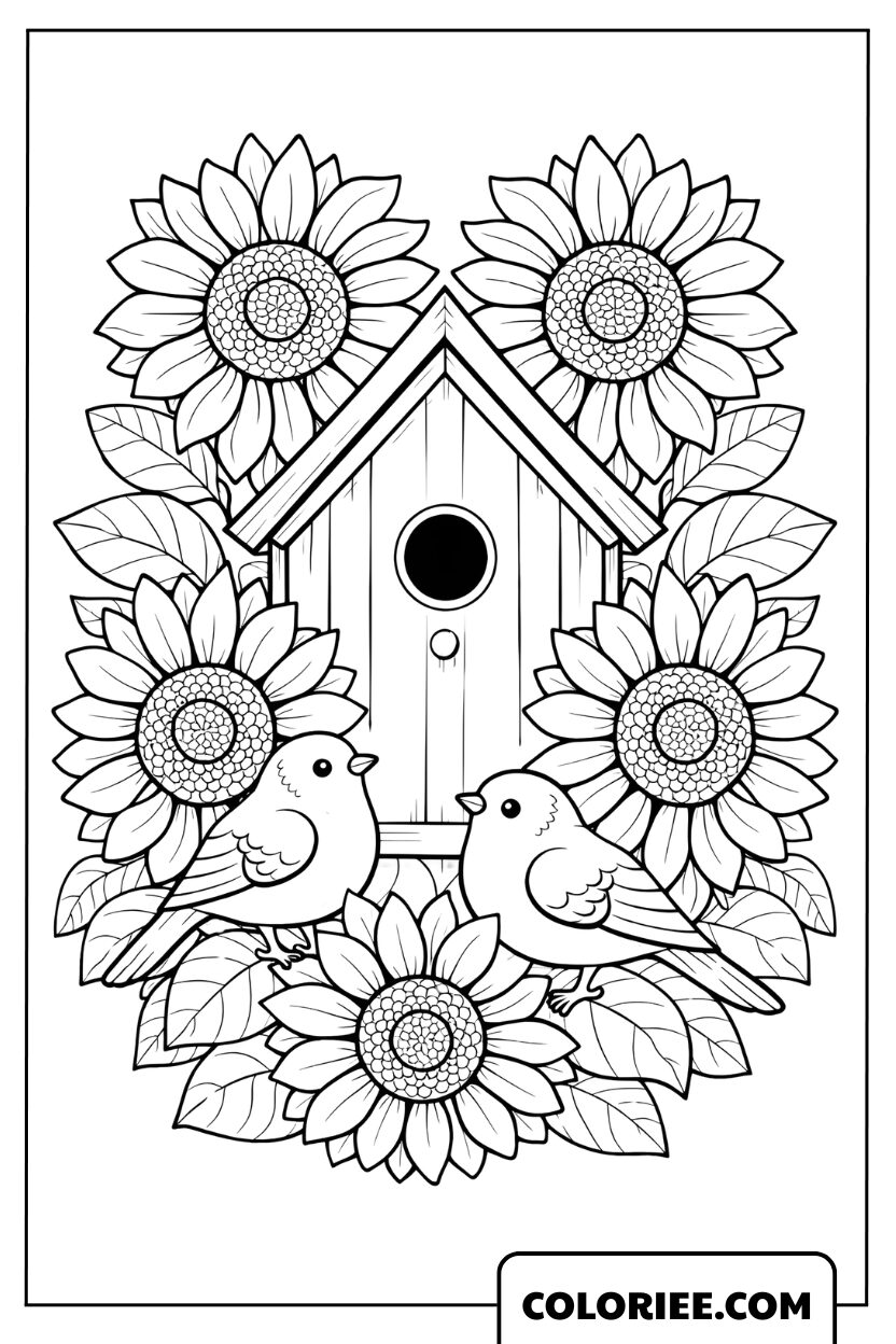 Coloriage petits oiseaux de tournesols