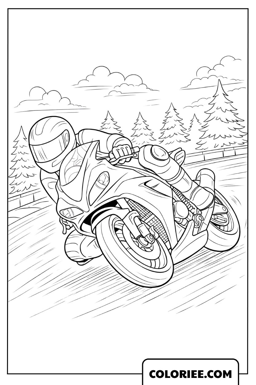 Coloriage pilote de moto en virage