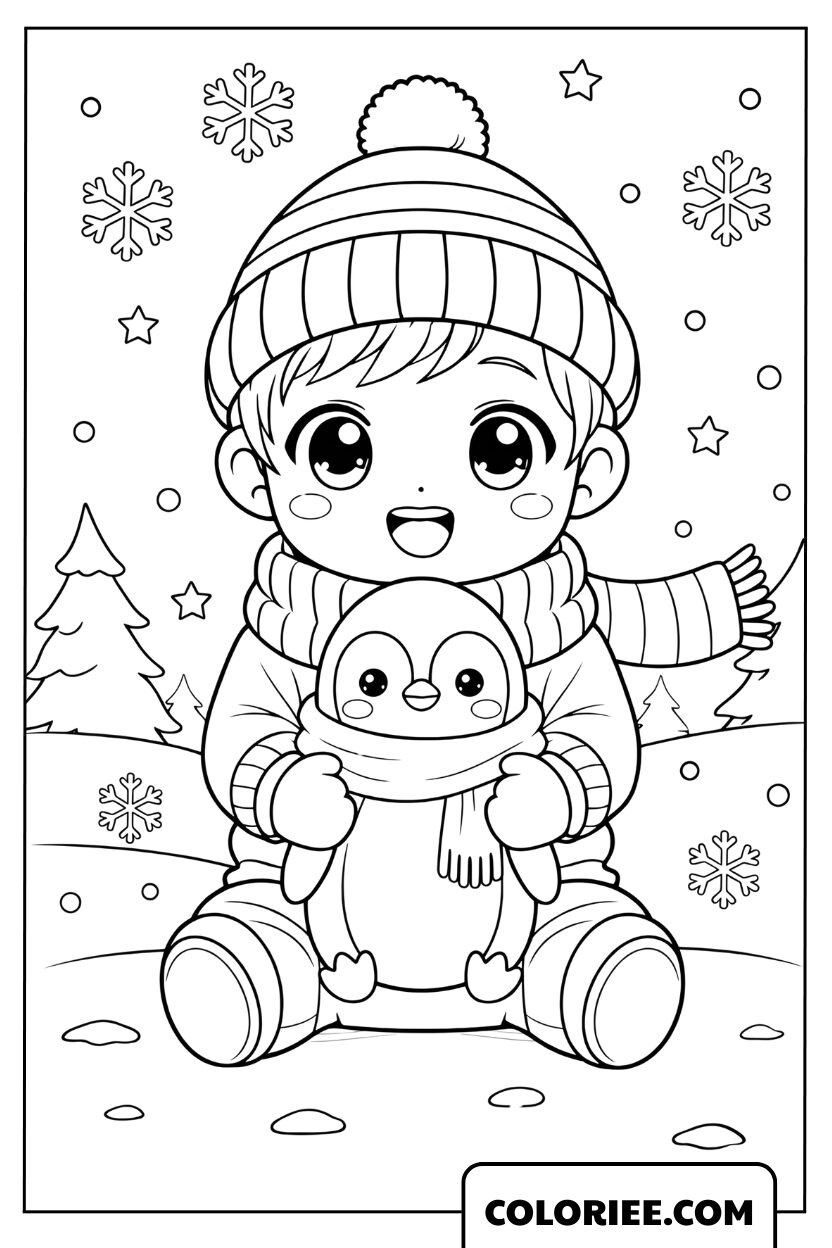 Coloriage pingouin bébé dans les bras en hiver