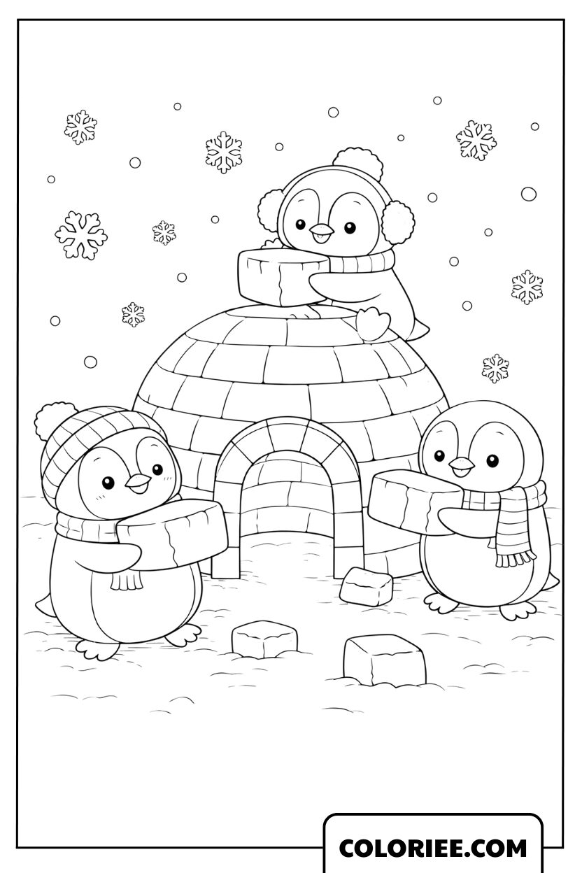 Coloriage pingouin construisant un igloo