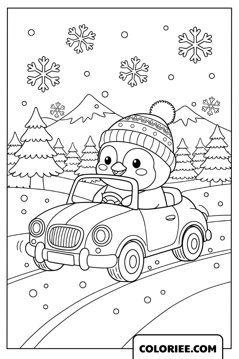 Coloriage pingouin en voiture sous la neige