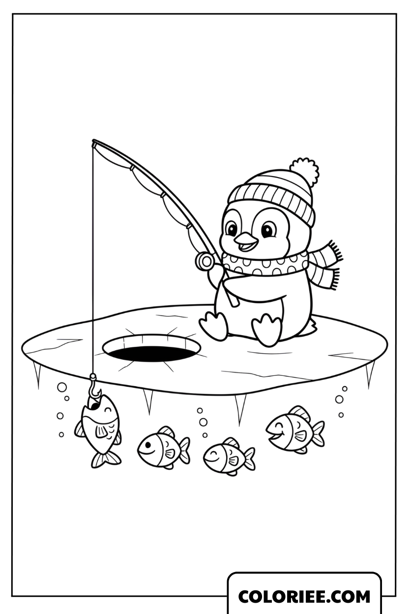 Coloriage pingouin pêcheur en hiver