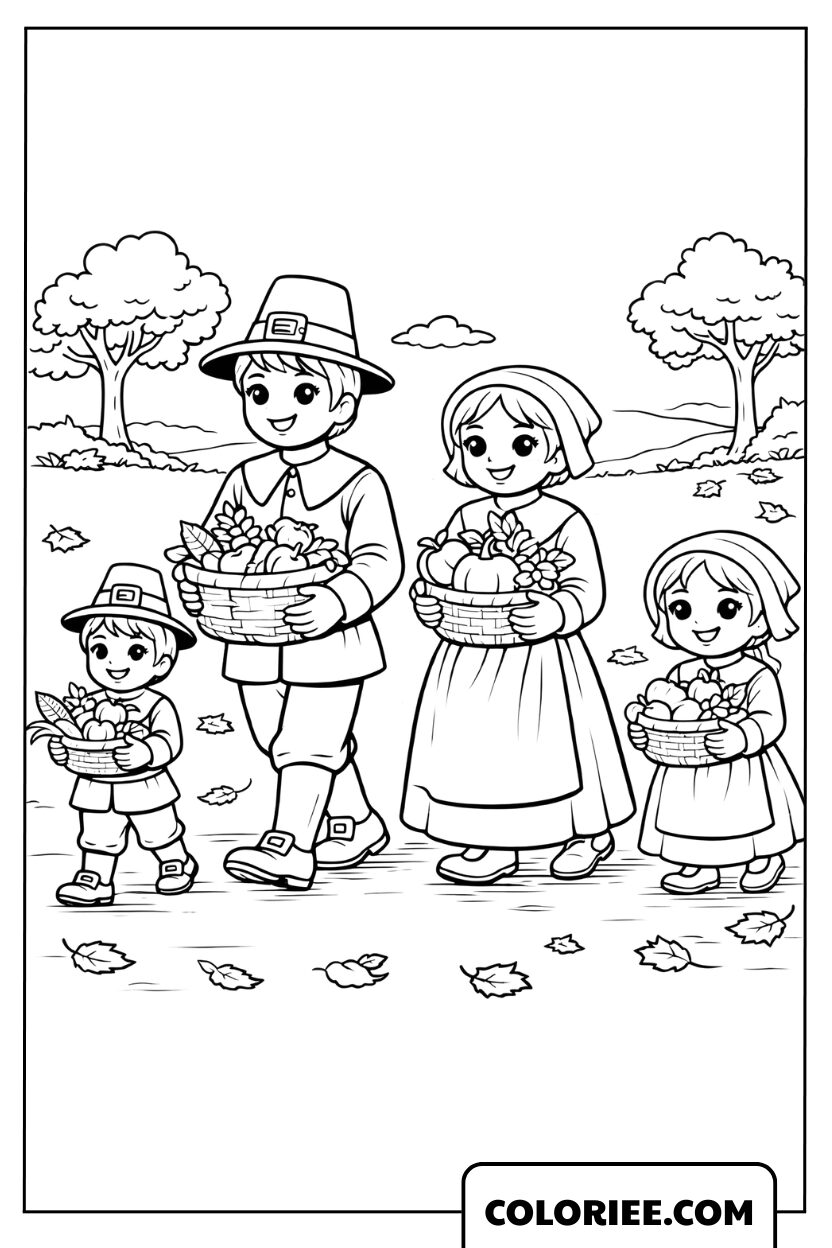 Dessin Famille de Fermiers à la Récolte Action de Grâce