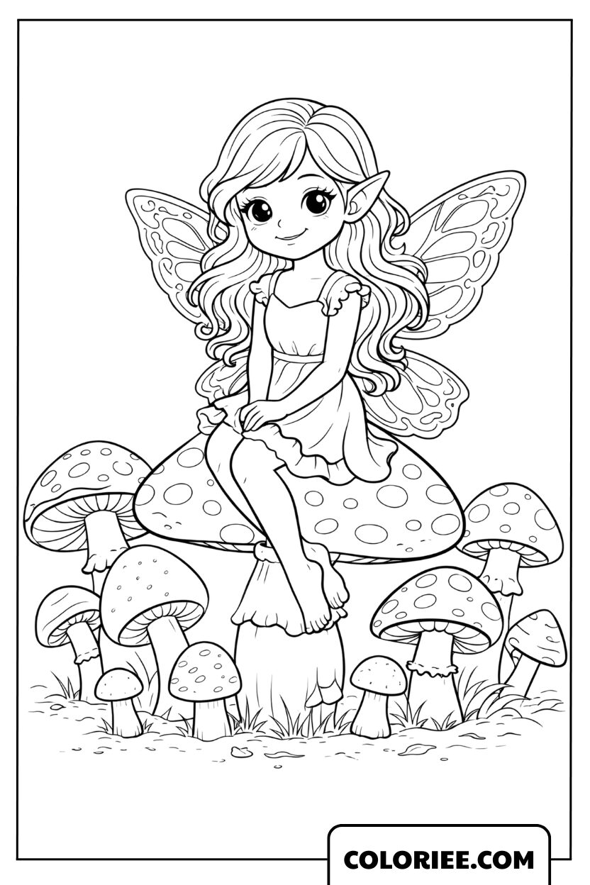 Dessin Fée Assise sur un Champignon Magique
