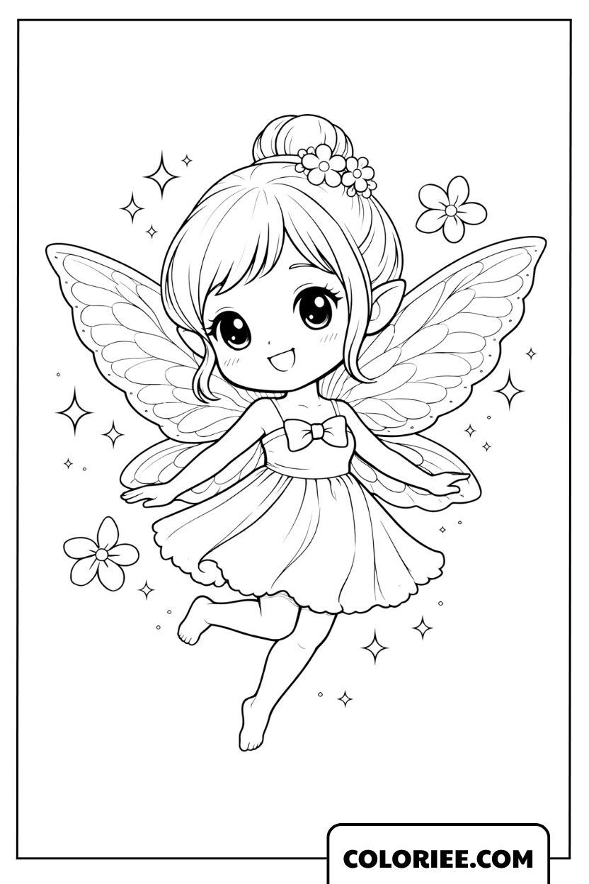 Dessin Fée adorable au milieu des fleurs