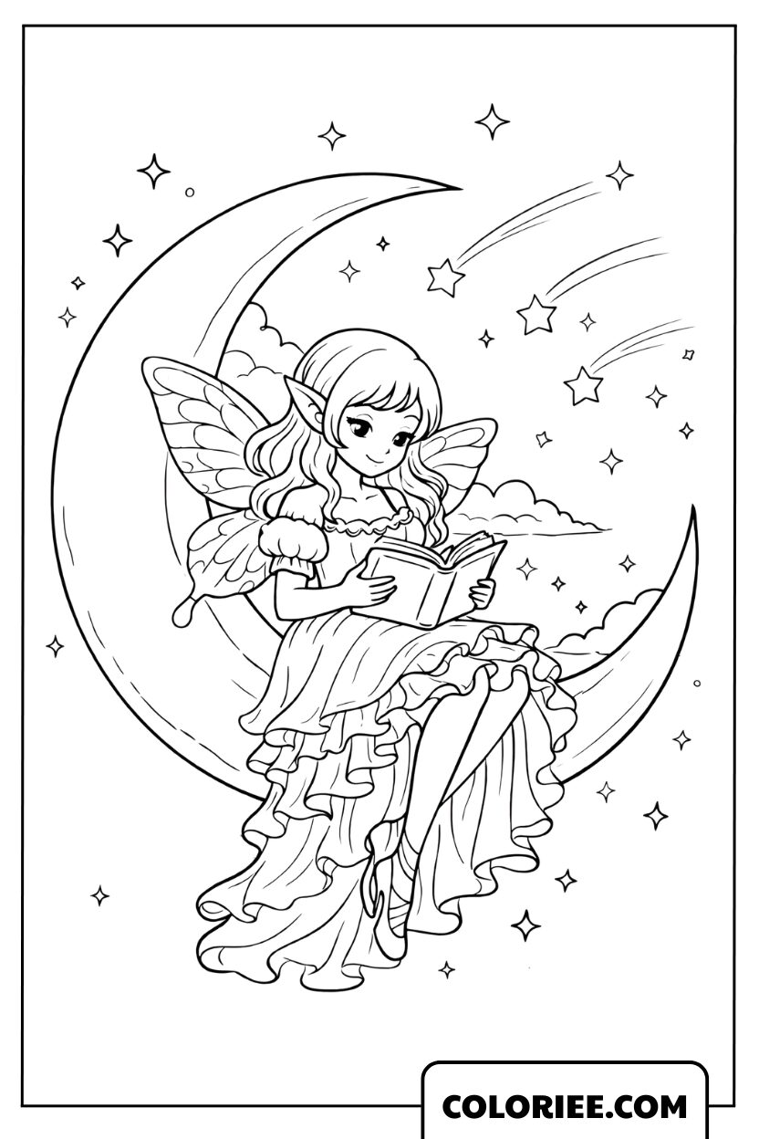 Dessin Fée assise sur la lune lisant un conte