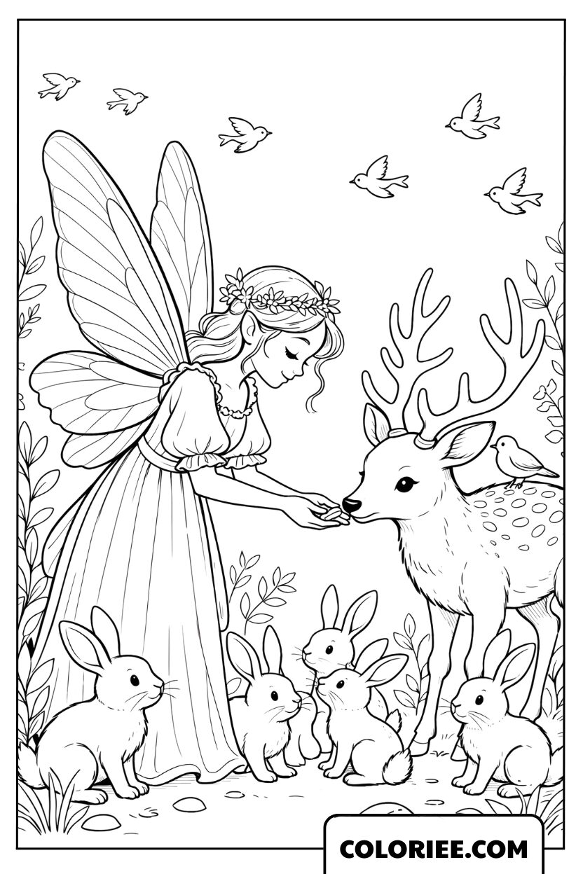 Dessin Fée douce avec les animaux de la forêt