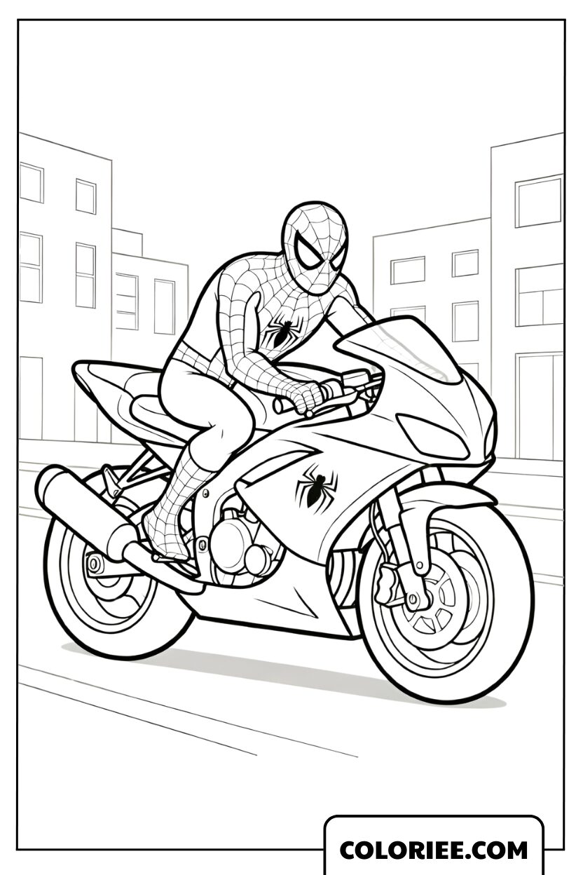 Dessin Spiderman en moto sportive en ville