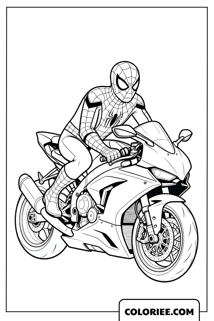 Dessin Spiderman pilotant une moto rapide