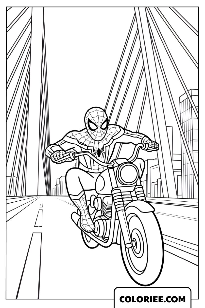 Dessin Spiderman roulant à moto sur un pont