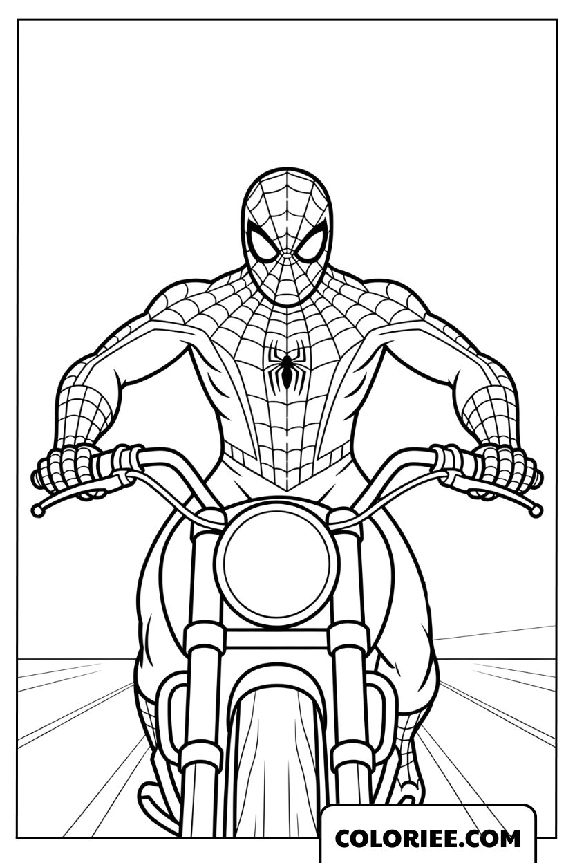 Dessin Spiderman roulant en moto puissante