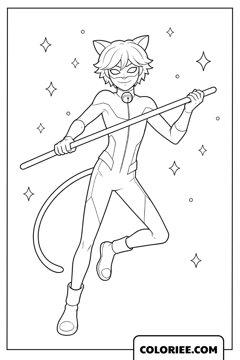 Dessin de Chat Noir maniant son bâton magique