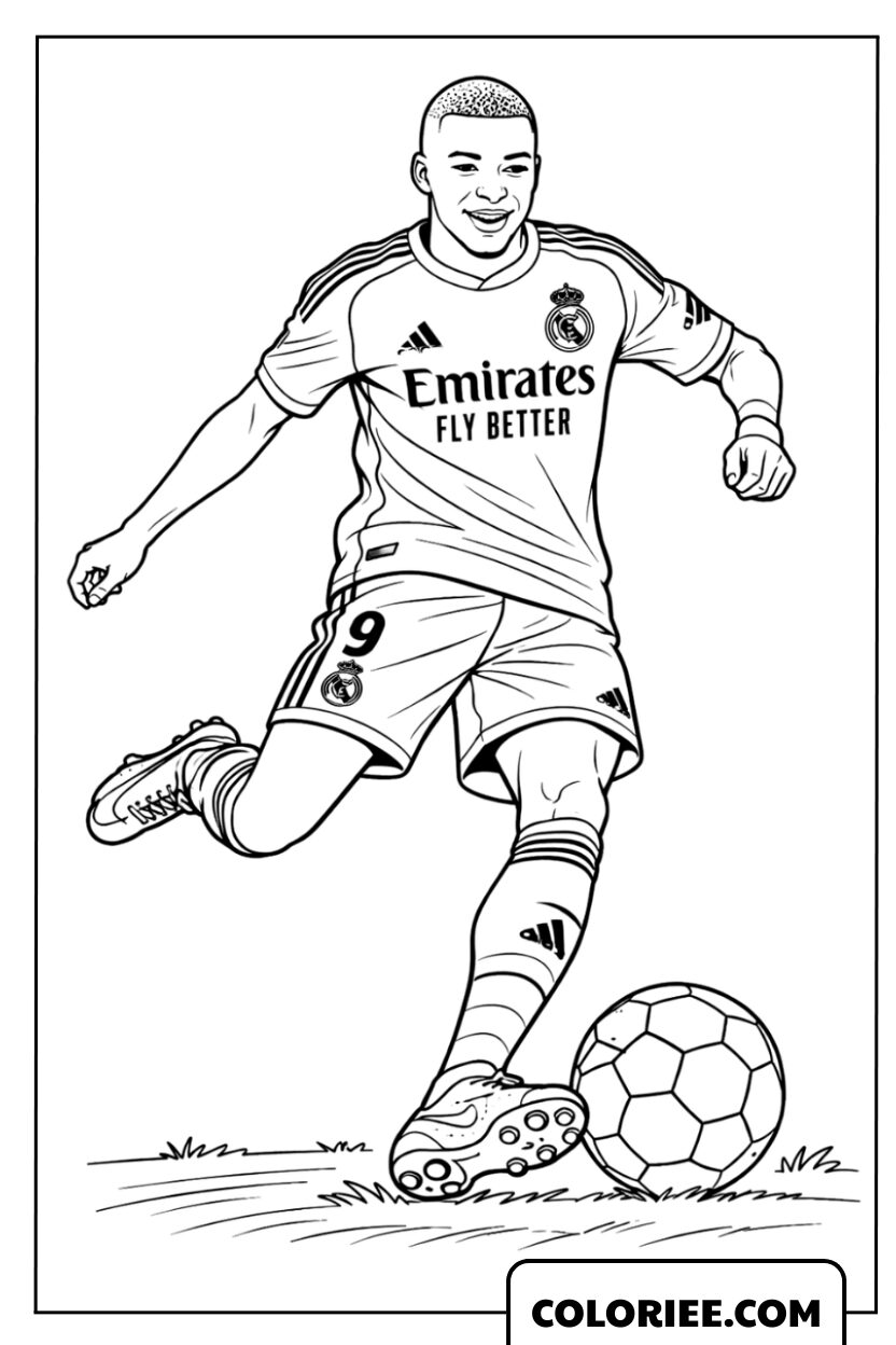 Dessin de Mbappé décochant un tir puissant sur le terrain