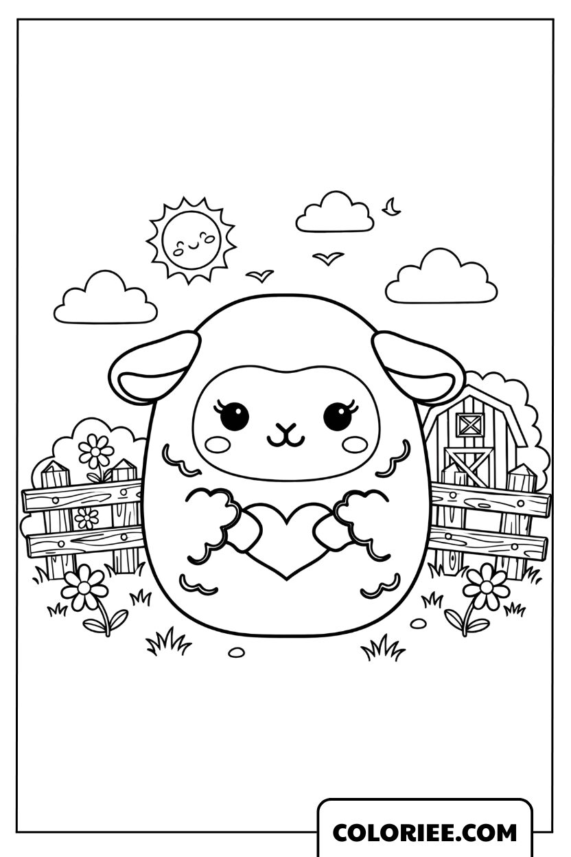 Dessin de Squishmallow Sophie le mouton à la ferme