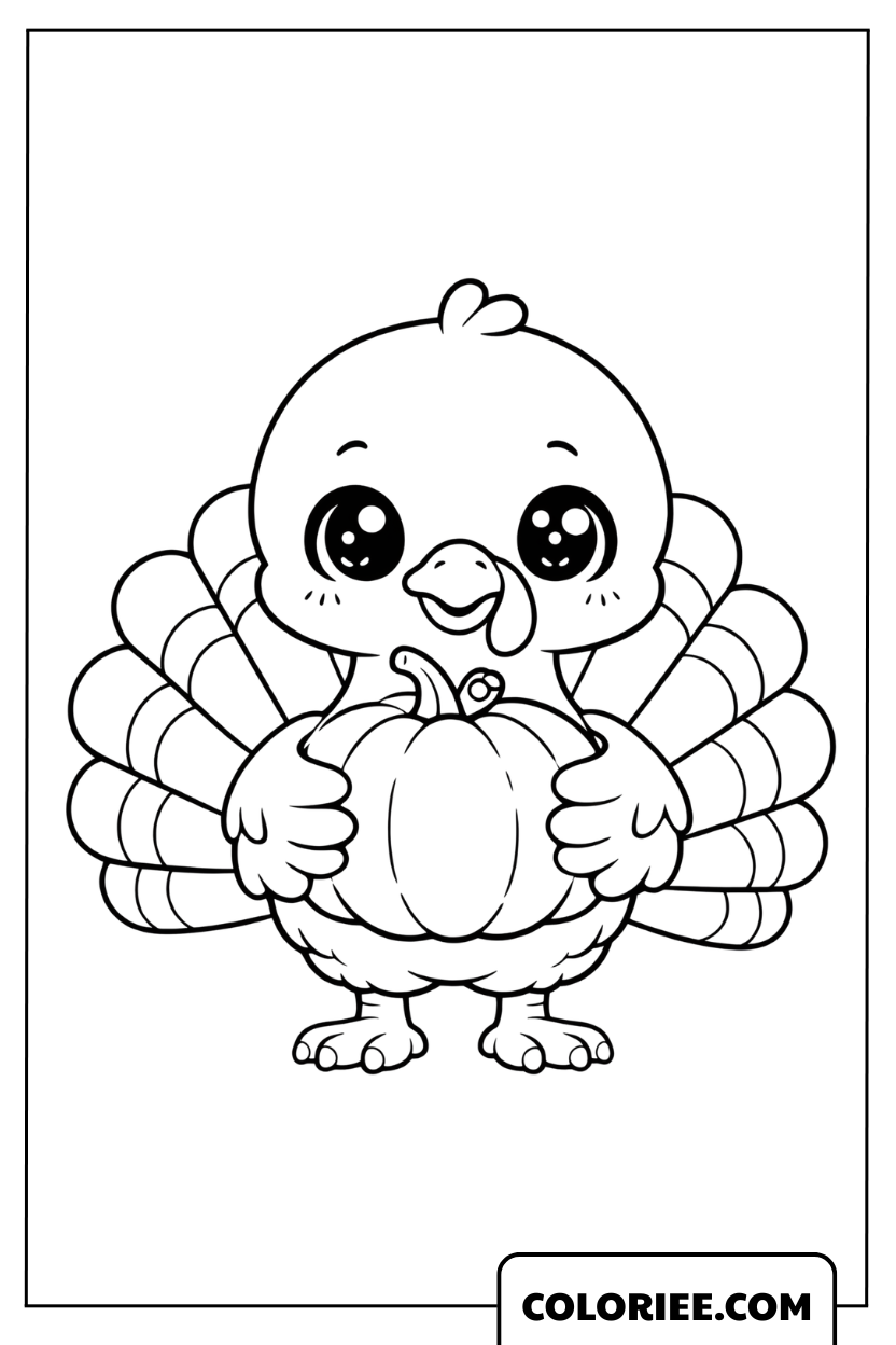 Dessin de dinde câlinant une citrouille