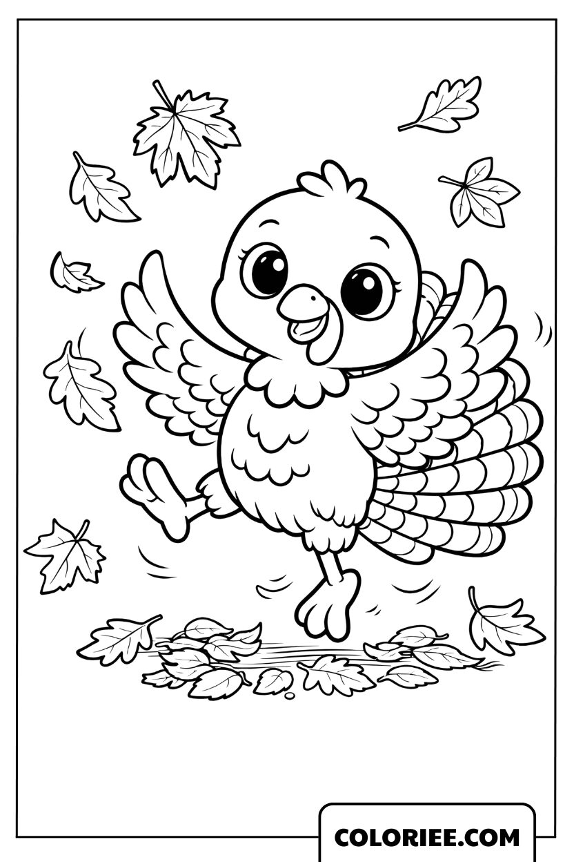 Dessin de dinde dansant parmi les feuilles d’automne