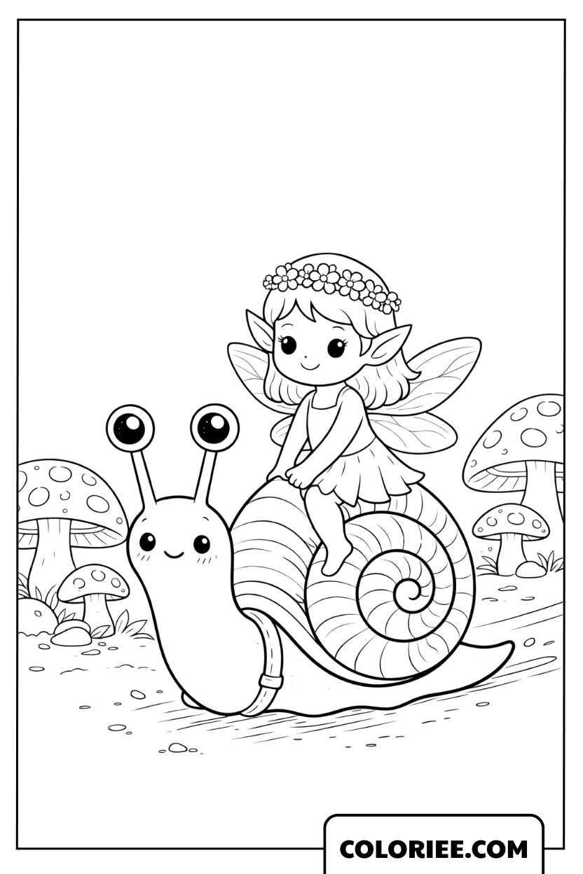 Dessin de la fée Flora à dos d'escargot
