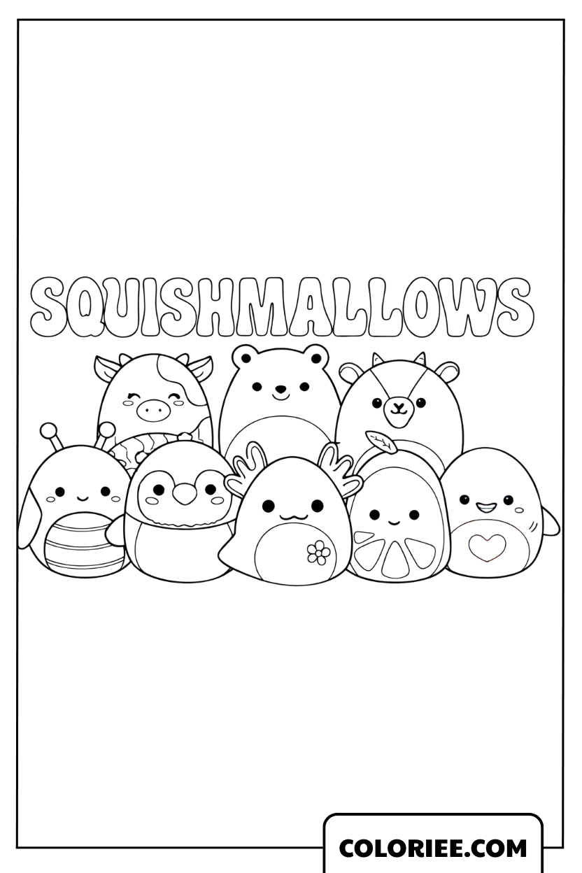 Dessin de la joyeuse bande Squishmallow Squad