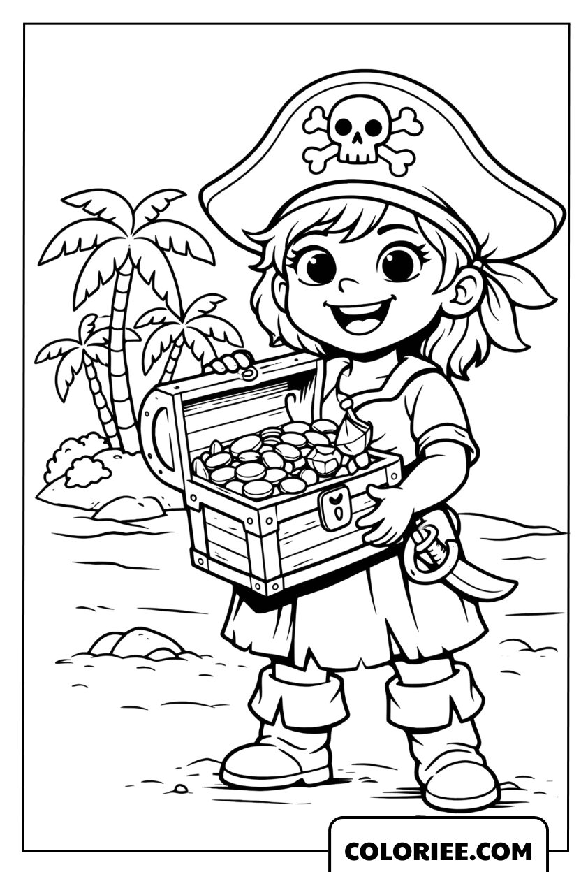 Dessin de la pirate et son coffre d'or