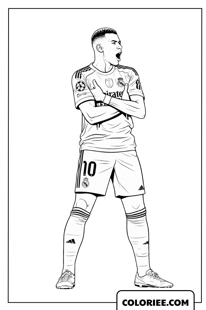 Dessin de l'attitude confiante de Mbappé après un but