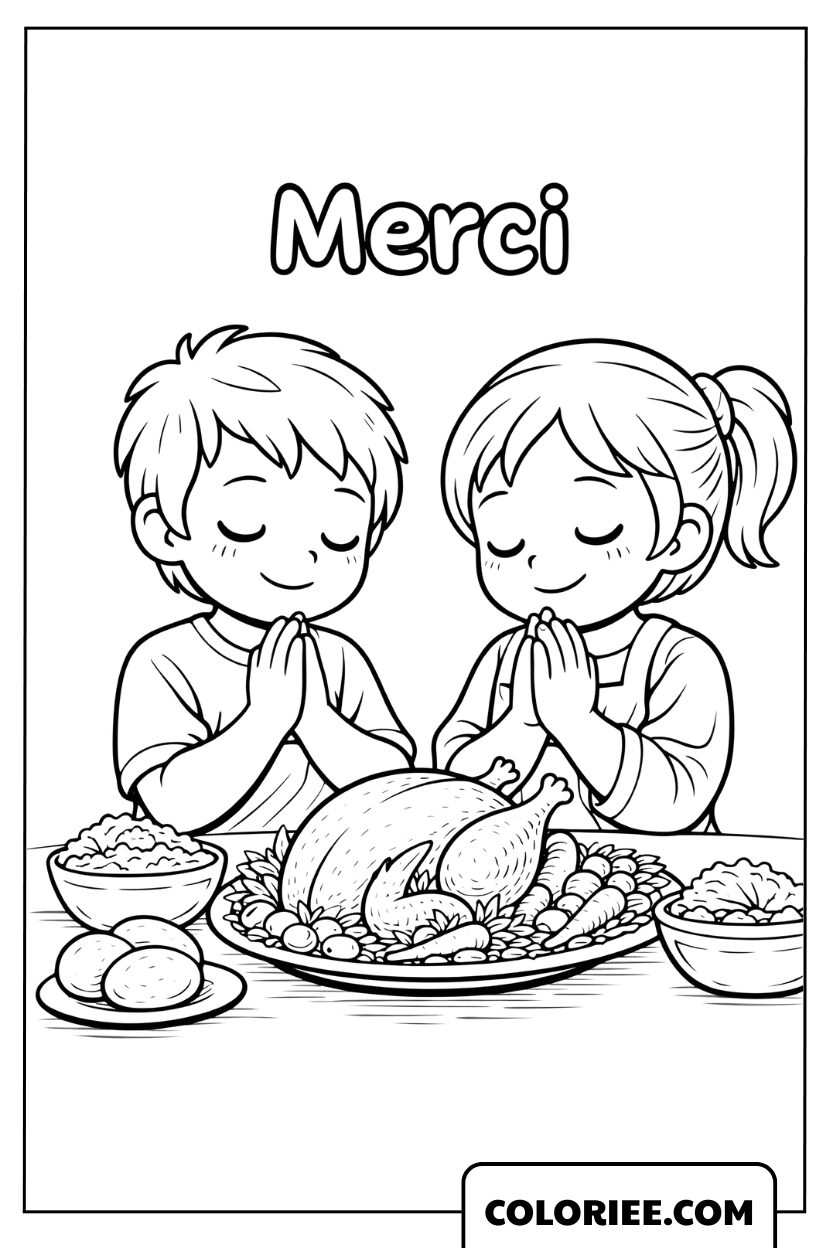 Dessin d’enfants priant pour Action de grâce