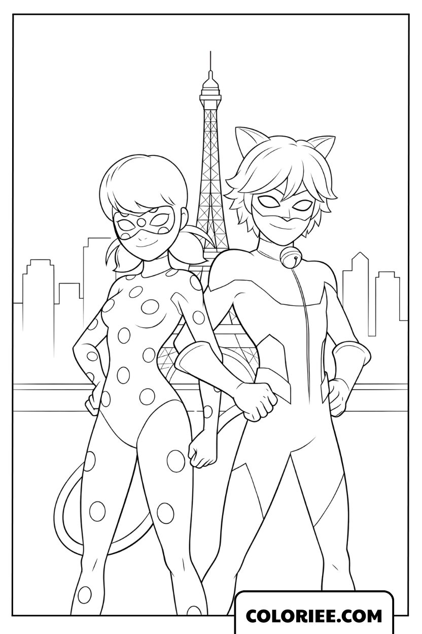 Dessin du duo Ladybug et Chat Noir devant un paysage urbain