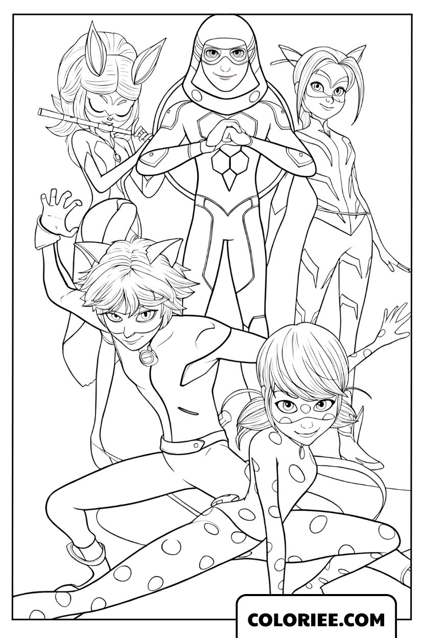Dessin du groupe de héros Miraculous au complet