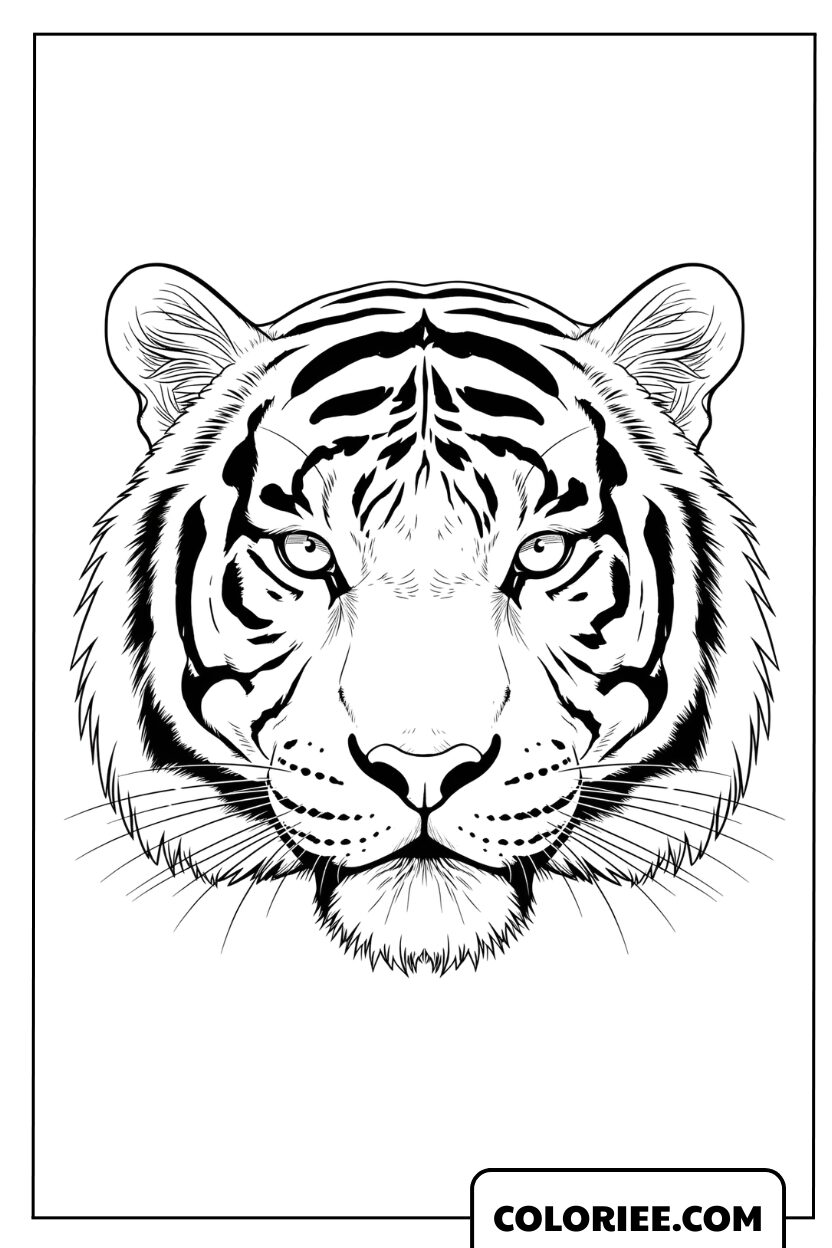 Dessin du portrait d'un tigre du Bengale au regard puissant à colorier
