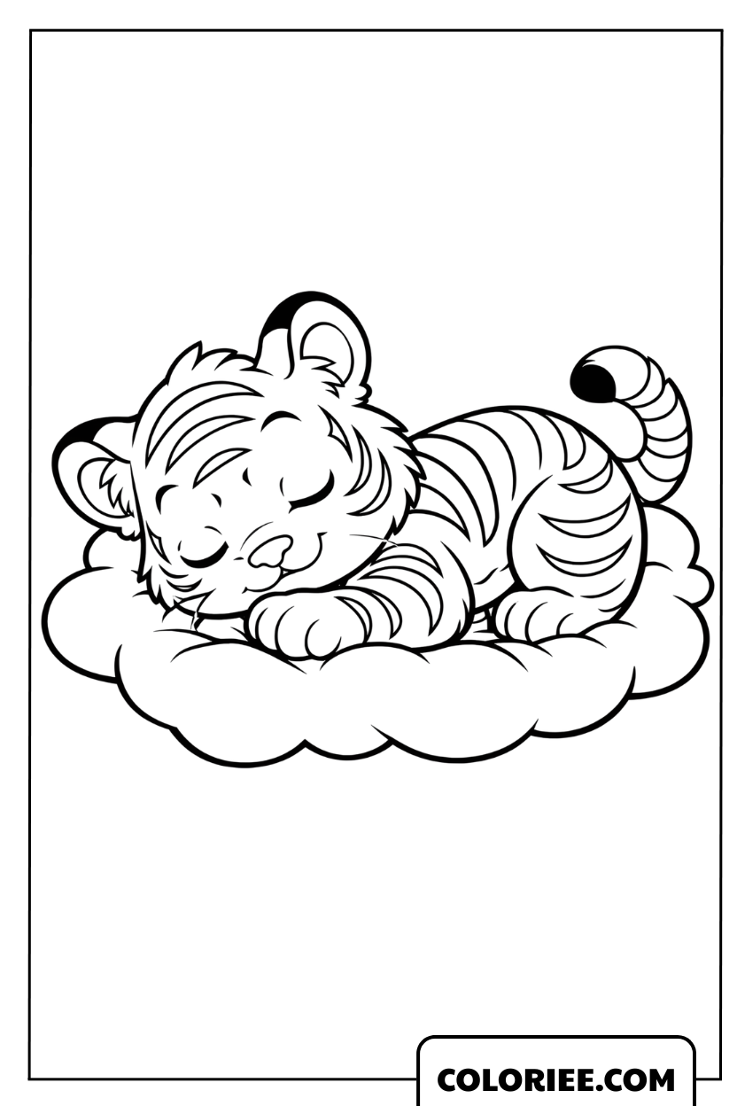 Dessin d'un bébé tigre dormant sur un nuage à colorier