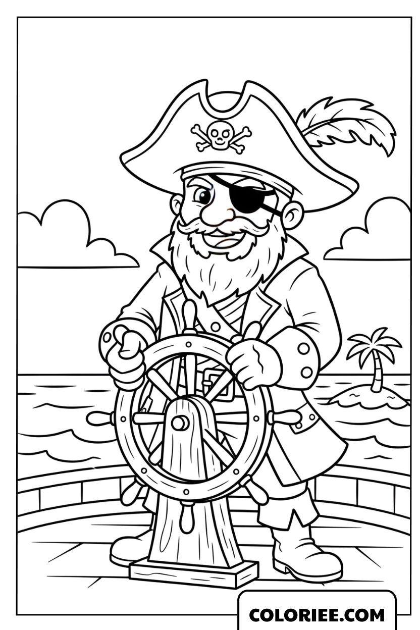 Dessin d'un capitaine pirate à la barre du navire