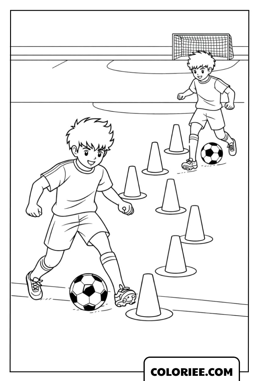 Dessin d'un exercice de dribble entre les cônes