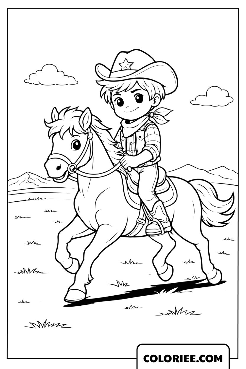Dessin d’un garçon cow-boy à cheval