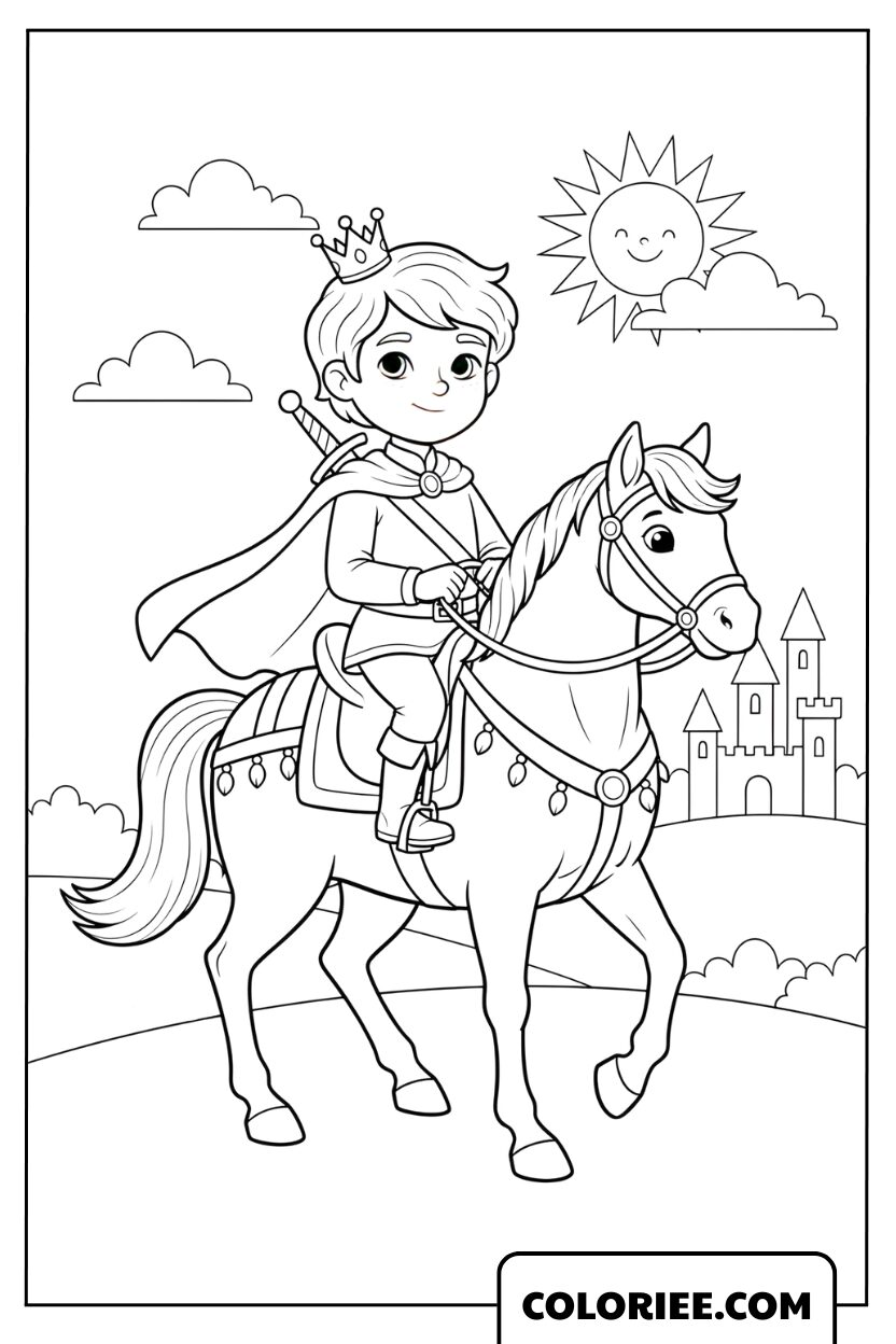 Dessin d'un jeune prince cavalier devant son château