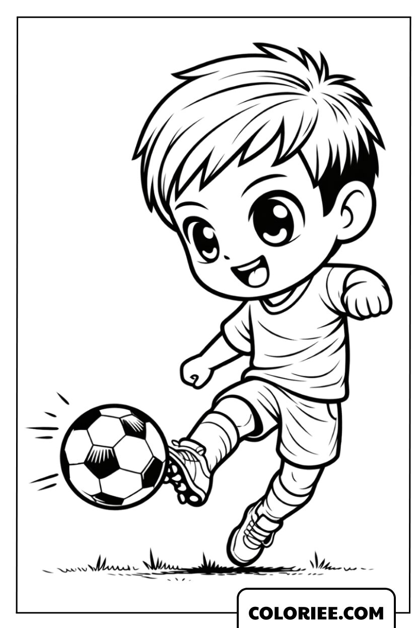 Dessin d'un petit footballeur adorable tirant pour marquer