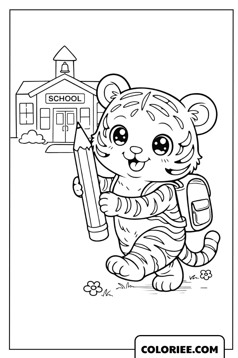 Dessin d'un petit tigre avec son sac à dos allant à l'école à colorier